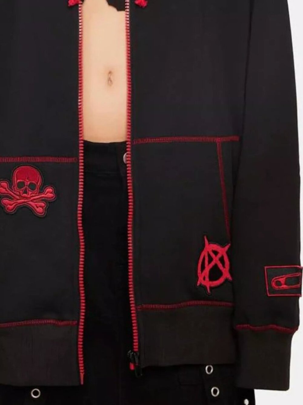 Oversized Skull Skeleton Zip-Up Contrast Stitching Hoodie Front Pocket Jacket
